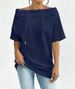 Casual navy blue off-shoulder sweatshirt with drawstring detail and short sleeves