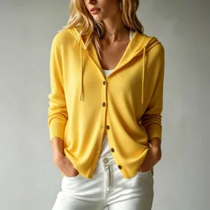 Women's yellow hooded button-down cardigan in a loose casual style for daily wear
