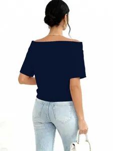 Detailed back view of a navy blue boat neck sweatshirt showing the shoulder line