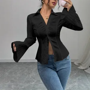 Elegant black V-neck striped shirt for women featuring single-breasted and flared sleeves