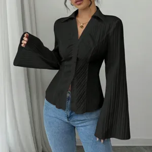 Elegant black pleated V-neck shirt for women with stylish flared long sleeves and buttons