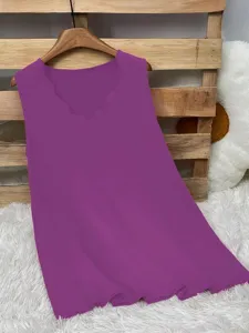 Elegant purple sleeveless casual top featuring a stylish scalloped V-neckline design