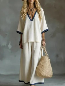 Women V Neck Half Sleeve Top And Wide Leg Pants Two Piece Set Casual Loose Summer Outfits Contrast Piping Solid Color Set