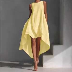 Elegant sleeveless pale yellow high-low hem irregular loose casual vacation dress