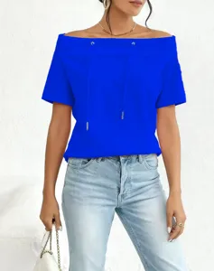 Blue off-shoulder short sleeve boat neck top with drawstring detail and loose fit.