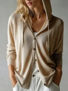 Women Casual Hooded Cardigan Long Sleeve Button Front Loose Knit Thin Top Solid Color Drawstring Hoodie Sweater Outwear