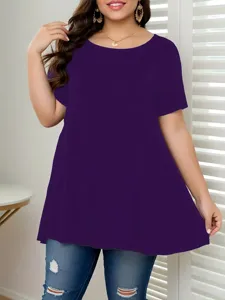 Damen T-Shirt in Übergröße, tiefviolett, Rundhalsausschnitt, kurze Ärmel, lockere A-Linie