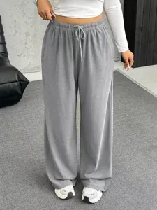 Women's loose drawstring wide-leg casual pants in grey jersey fabric