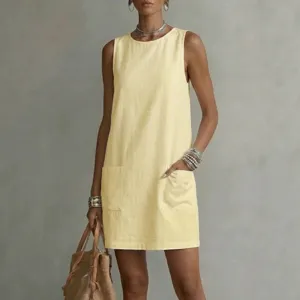 Vestido informal sin mangas de lino con cuello redondo y bolsillos en amarillo pálido
