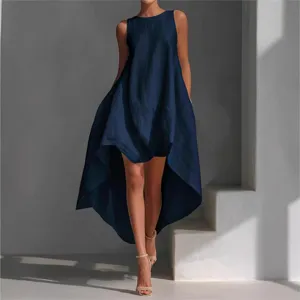 Elegant navy blue sleeveless high-low dress for women, loose casual holiday style outfit.