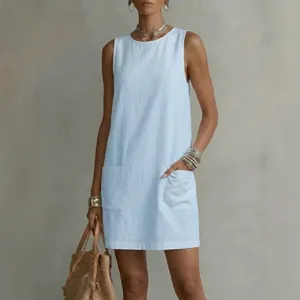 Vestido bohemio suelto sin mangas azul claro con cuello redondo y bolsillos para mujer, casual