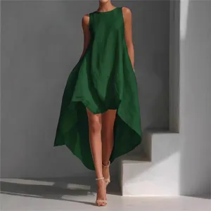 Emerald green sleeveless high-low irregular hem loose casual vacation dress
