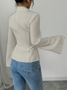 Elegant white textured striped shirt for women with flare sleeves and slim fit design