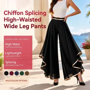 Women High Waisted Chiffon Wide Leg Pants Casual Contrast Piping Loose Palazzo Trousers Elegant Summer Beach Flowy Bottoms
