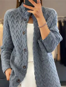 Women Retro Cable Knit Cardigan Stand Collar Long Sleeve Button Down Sweater Jacket Solid Color Thick Winter Knitwear