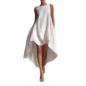 Elegant white sleeveless high-low vacation dress with loose asymmetrical hemline
