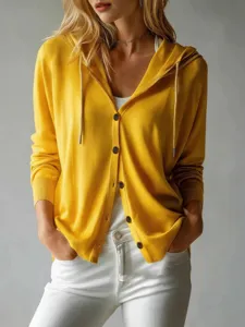 Casual yellow hooded knit cardigan with loose thin fit and button front for women