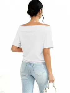 Back view of a minimalist white off-the-shoulder casual top with short sleeves and relaxed fit