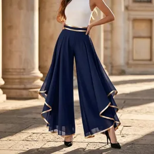 Elegant high-waisted navy chiffon wide-leg trousers with decorative gold piping detail