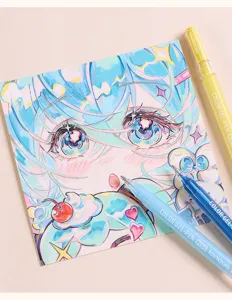 Close-up detail of 1.0mm glitter gel pens showing vibrant colors and anime drawing