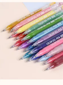 Close-up detail of 1.0mm bullet tip glitter gel pens in various vibrant rainbow colors