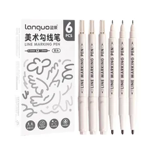 Set of 6 double-ended line marking pens for professional art drawing and illustration