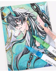 Detailed view of professional acrylic markers highlighting vibrant pigments on an anime drawing