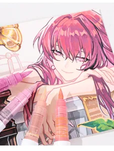 Close-up of acrylic marker nibs with vibrant anime illustration detail