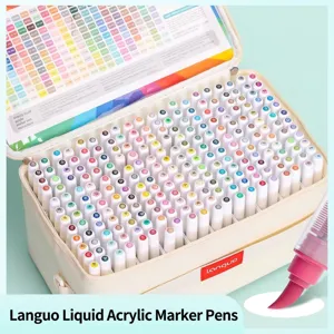 Set of 240 vibrant liquid acrylic marker pens in a durable beige canvas carrying bag