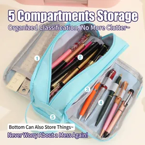 Large capacity blue pencil case with multiple layers and compartment organization