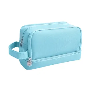Large capacity double-layer pencil case in light blue canvas with convenient handle