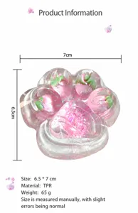 Detailed dimensions and TPR material info for pink strawberry cat paw squishy toy