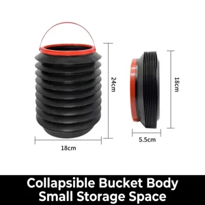 Détail du seau pliable montrant les dimensions en état déplié (24cm) et plié (5,5cm) hauteur
