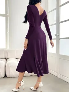 Back view of elegant purple long sleeve midi dress with irregular ruffle hem detail