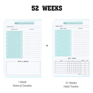 Detail view of 52-week English planner pages showing goals, habit tracker and notes