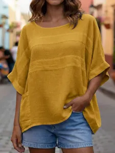 Casual mustard yellow loose-fit women's top with round neck, perfect for summer comfort.