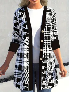 Women Casual Loose Patchwork Cardigan Jacket Long Sleeve Houndstooth Printed Button Front Spandex Outwear Top