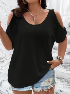 Maglietta Taglie Forti Donna Spalle Scoperte Elegante Scollo a U Mezza Manica Top in Poliestere Allentato Casual Estate Tinta Unita Basic