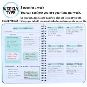 Detailed internal layout of a 52-week English weekly planner spiral notebook
