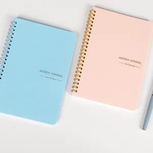 Close-up of pastel blue and pink spiral weekly planners with 'Agenda Semanal' text