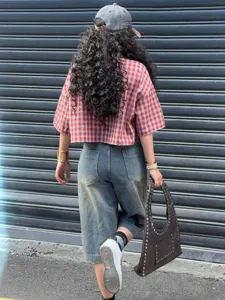 Women's red and white plaid short-sleeved cropped shirt for summer outdoor streetwear