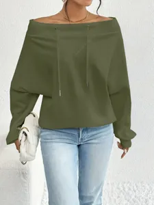 Close-up detail of a stylish olive green off-shoulder sweatshirt with adjustable drawstrings.