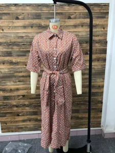 Geometric ikat print shirt dress with short sleeves and adjustable waist tie belt