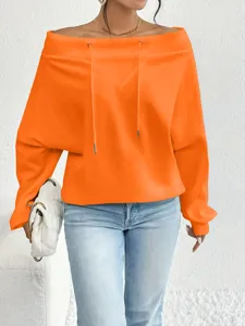 Women's vibrant orange off-the-shoulder drawstring sweatshirt with a relaxed fit