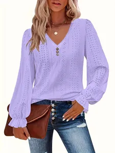 Elegant lavender V-neck hollow-out blouse with pleated sleeves and ruffled cuffs