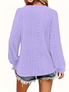 Back view of a lavender long sleeve eyelet hollow-out top for women in casual style