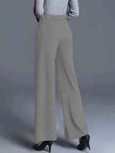 Rückansicht von High-Waist-Hosen mit weitem Bein für Damen, minimalistische graue Hose