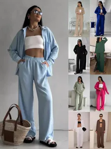 Completo Pantaloni Donna Casual Tinta Unita Camicia a Maniche Lunghe Con Bottoni e Tasche e Pantaloni a Gamba Larga Poliestere Top And Bottom Outfit