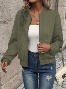 Detail showing olive green textured fabric of a women's casual zip-up bomber jacket
