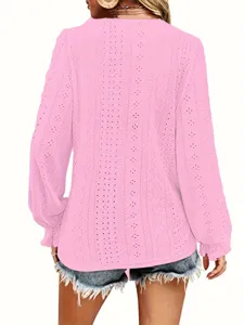Detailed back view of pink V-neck eyelet hollow-out top with pleated long sleeves